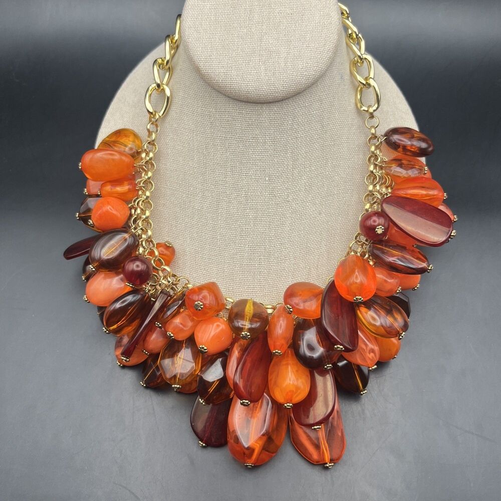 Chunky Cluster Bib Statement Necklace Orange Acrylic Gold Tone Cha Cha